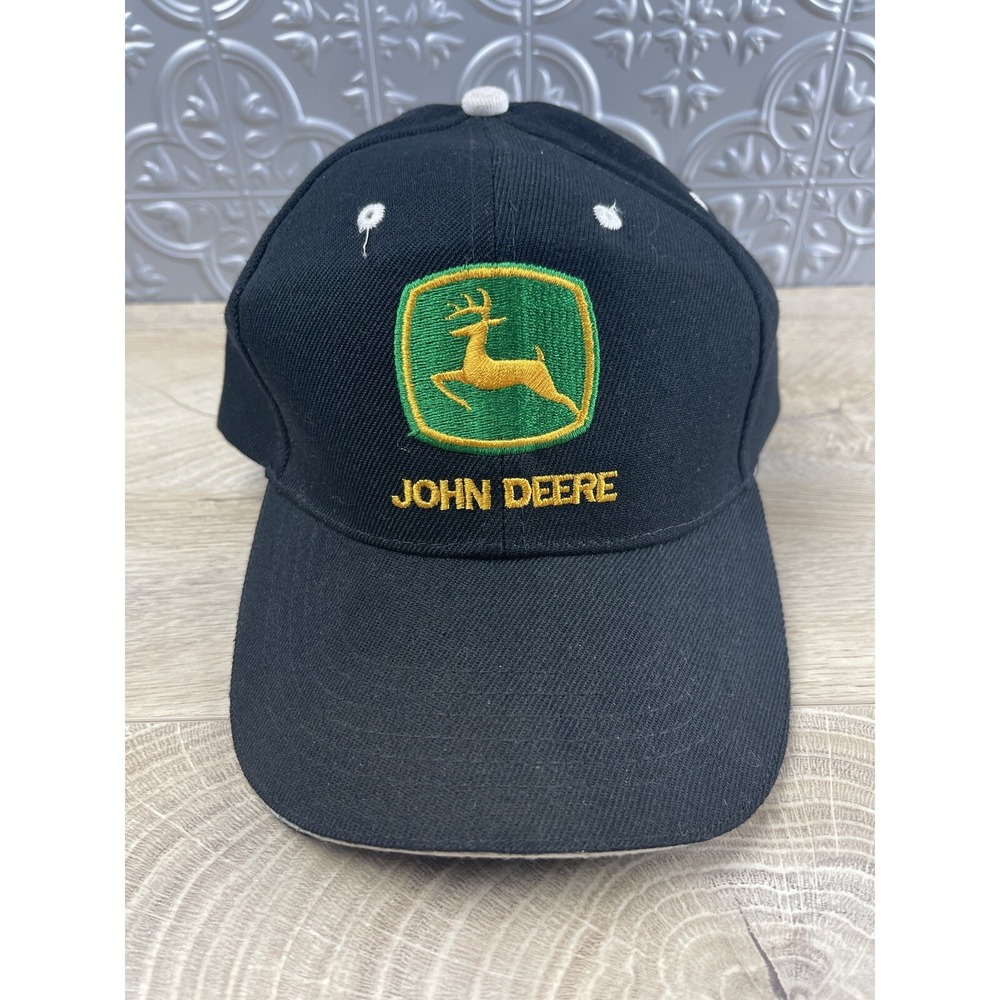 John Deere Strap Back Hat Black Cap Green Logo Adjustable Hook and Loop Closure